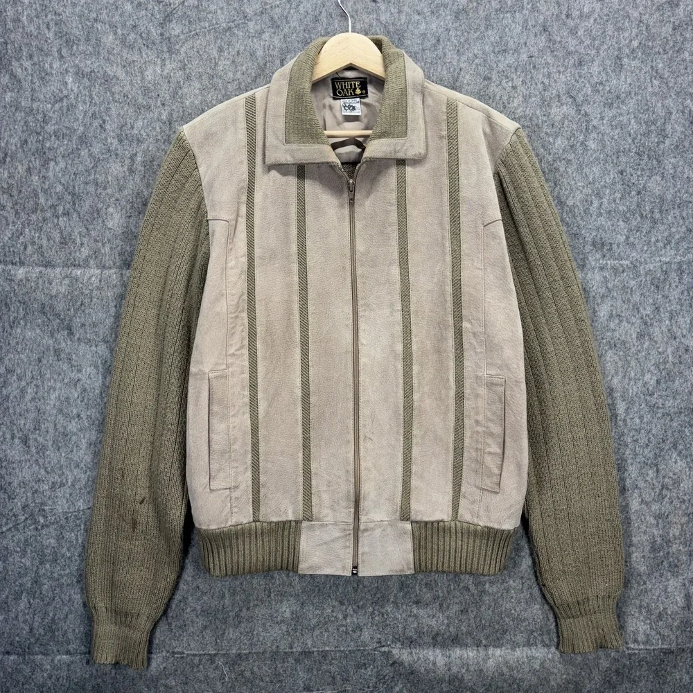 Vintage 70s Leather Suede Jacket Medium Full Zip Knit White Oak Brown MCM Madmen
